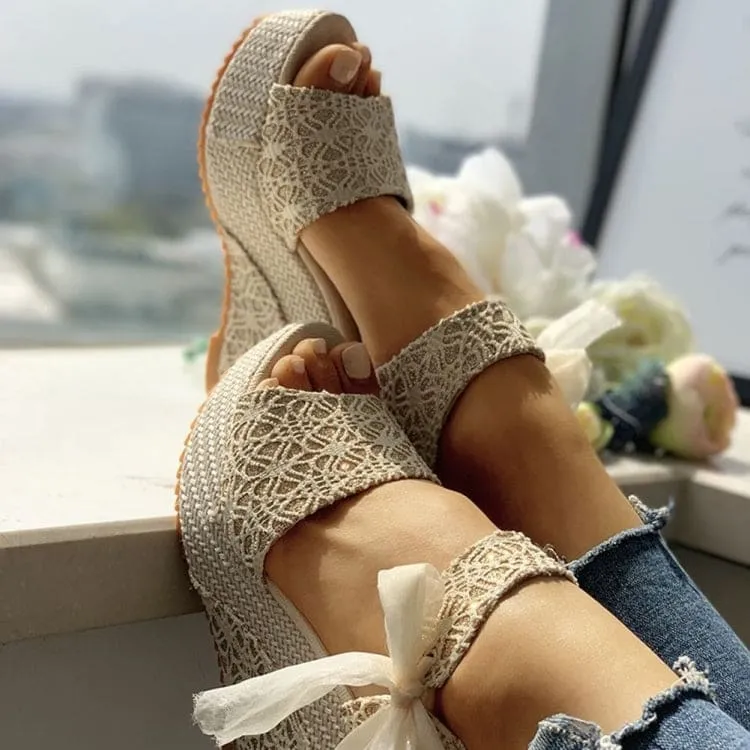 Ankle Strap Bow Decor Espadrille Wedge Sandals