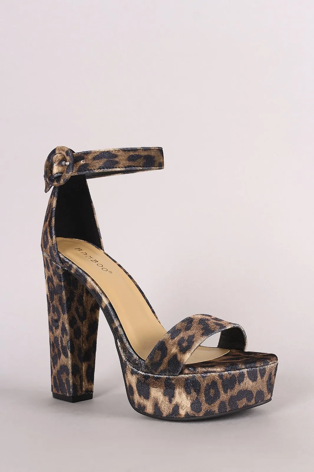 Bamboo Leopard Velvet Ankle Strap Chunky Platform Heel