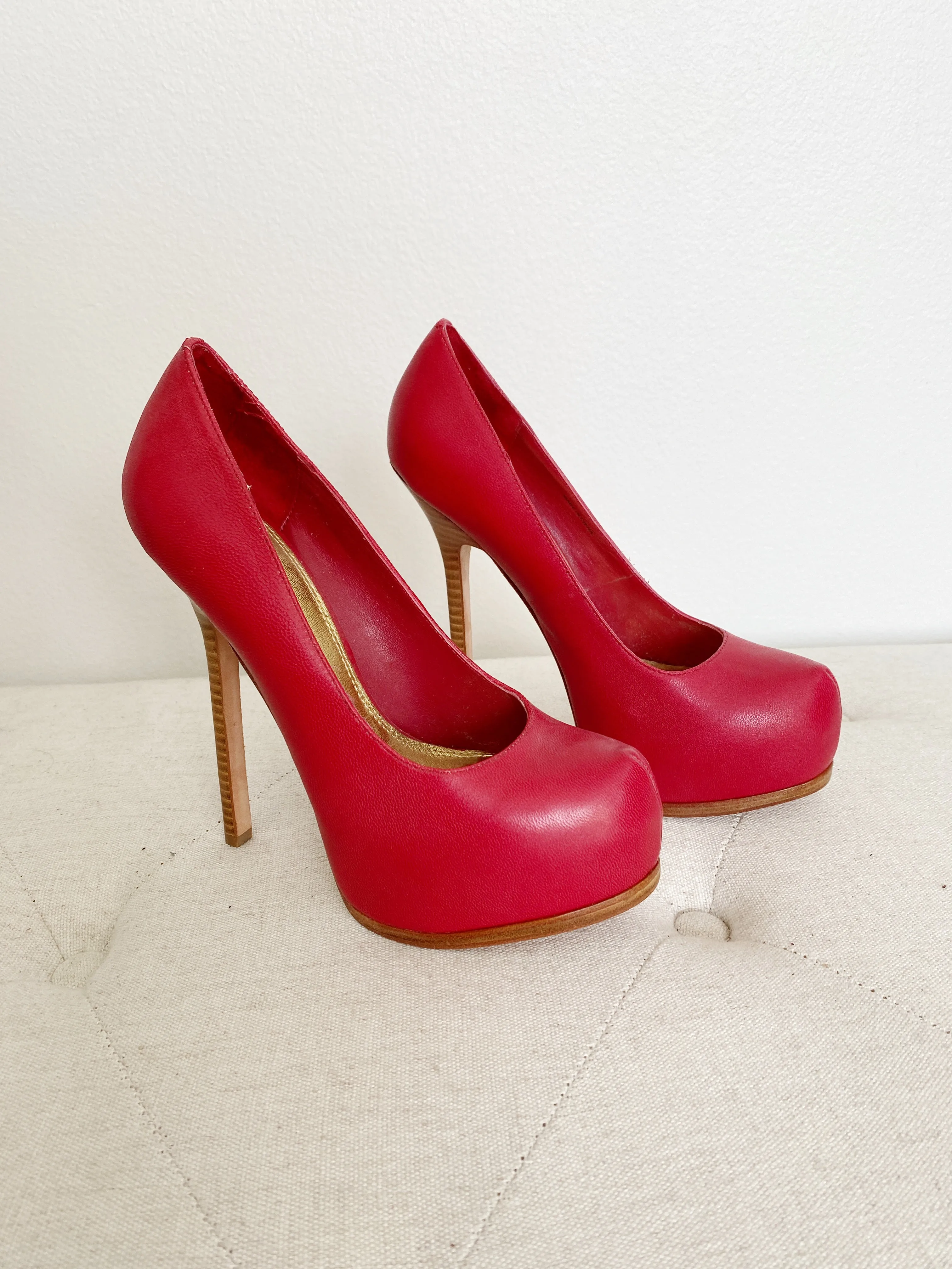 BEBE Leather Vintage Red Platform Heels 7