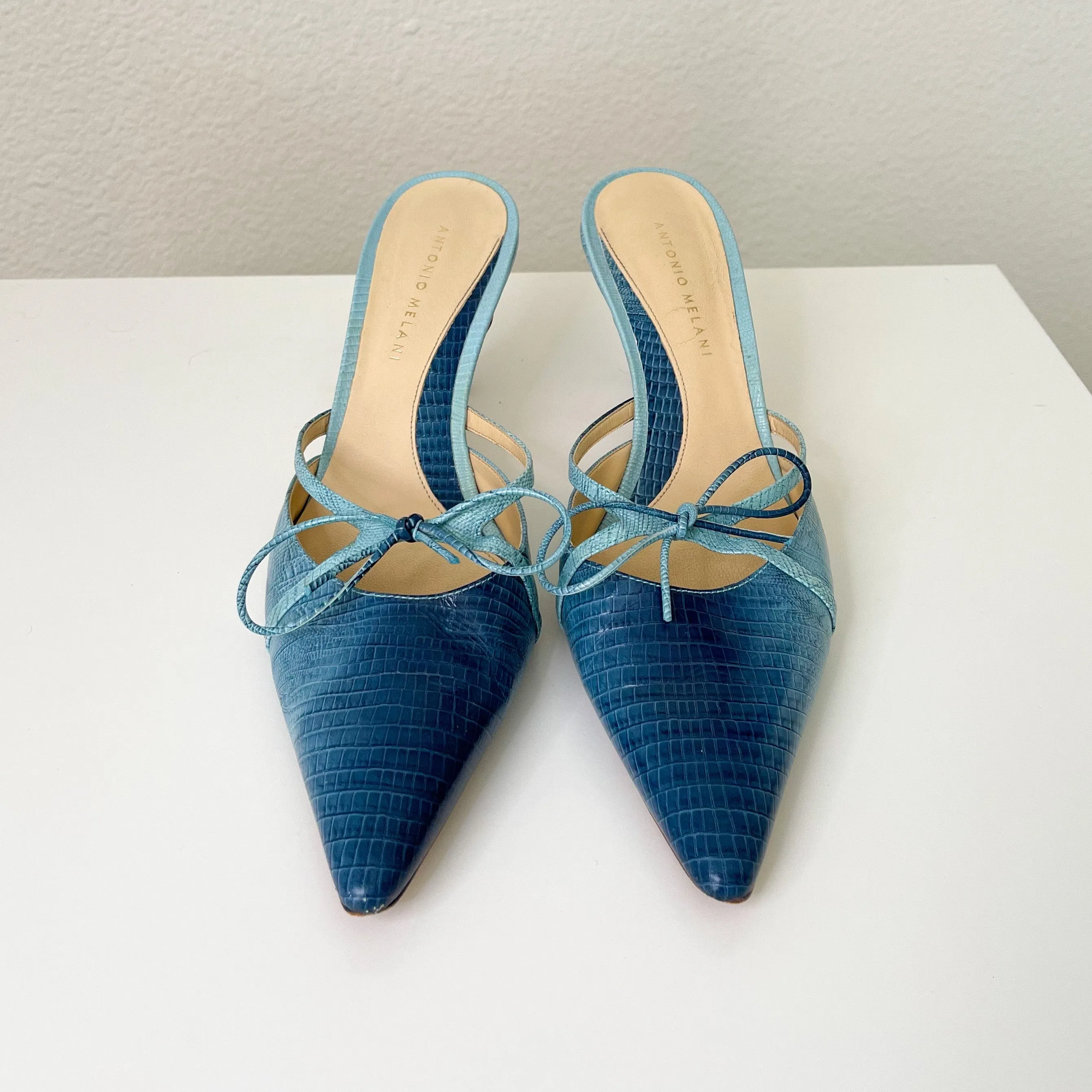 Blue Leather Carrie Bradshaw Kitten Mules