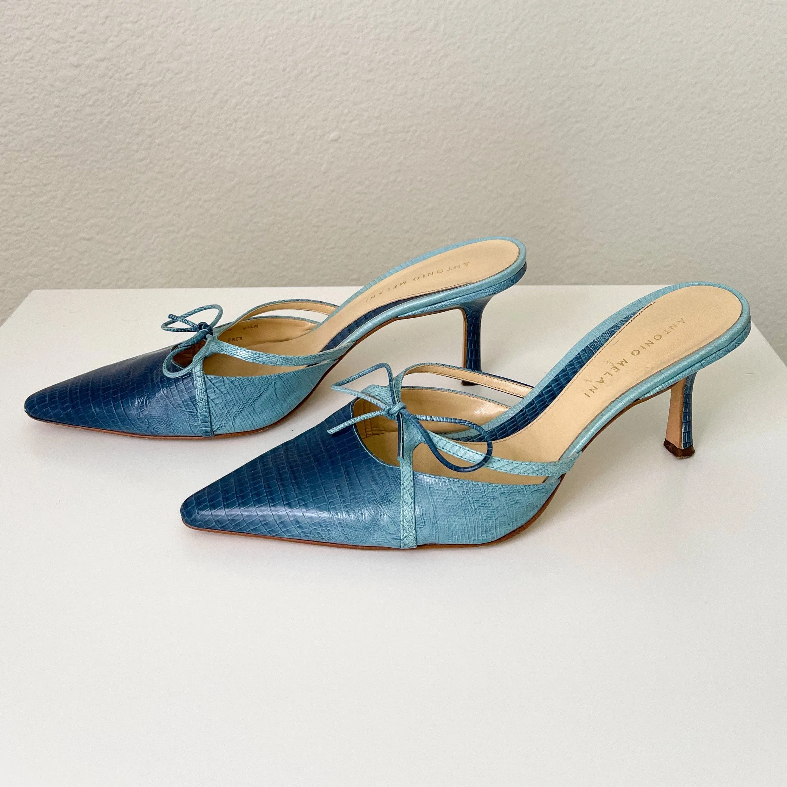 Blue Leather Carrie Bradshaw Kitten Mules