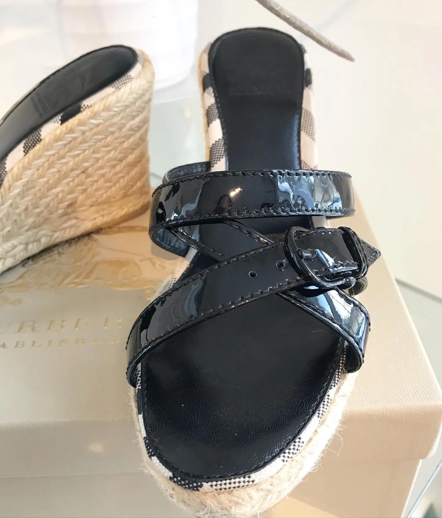 BURBERRY Leather Espadrille Wedge Sandals