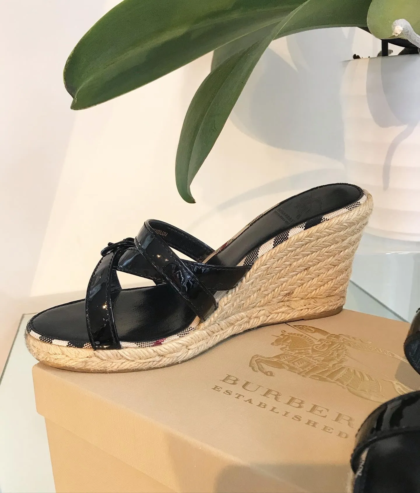 BURBERRY Leather Espadrille Wedge Sandals