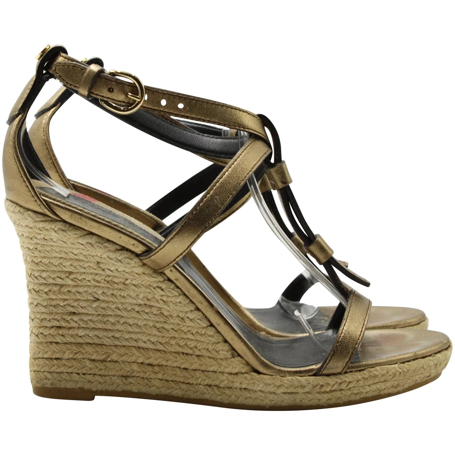 Burberry Metallic Wedge Espadrille Sandals in Gold Leather