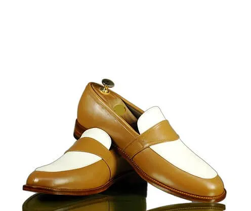 Elegant Handmade Men's Tan White Leather Penny Loafers, Men Dress Fashion Driving Shoes