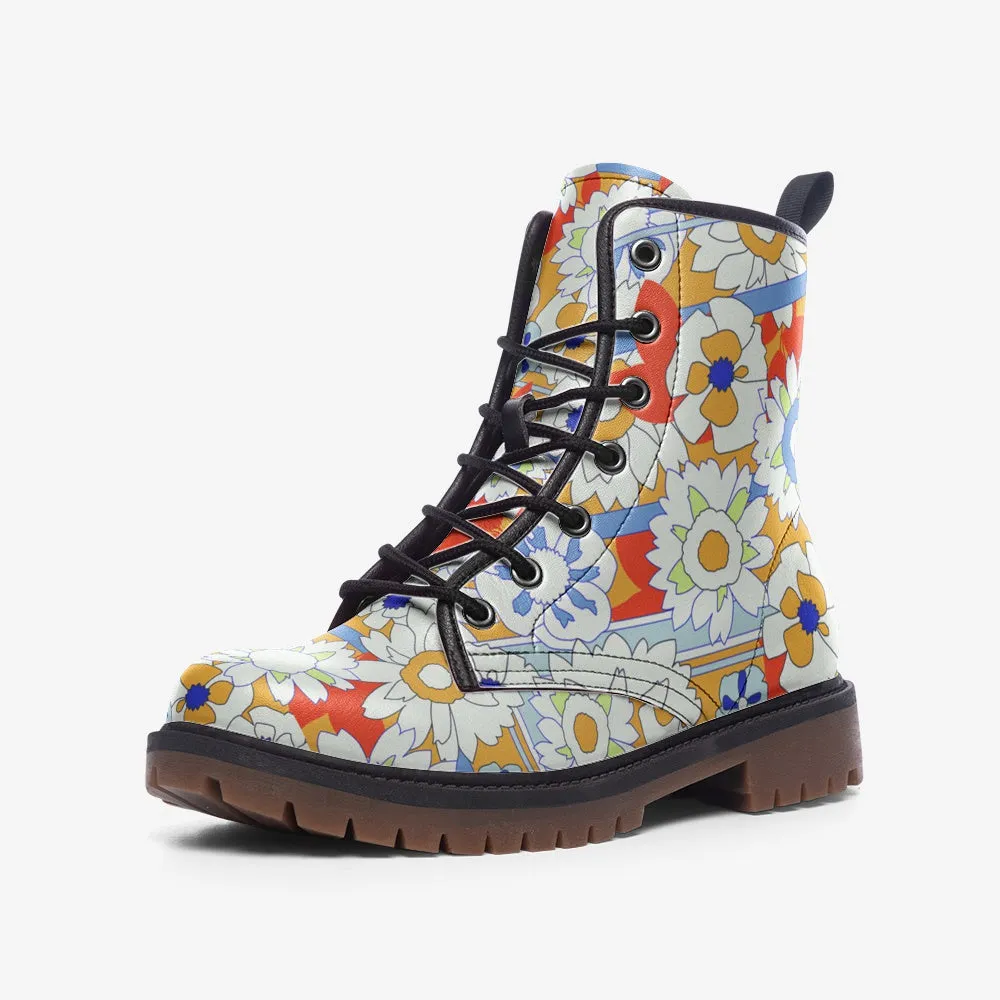 Floral Faux Leather Combat Boots Lace Up