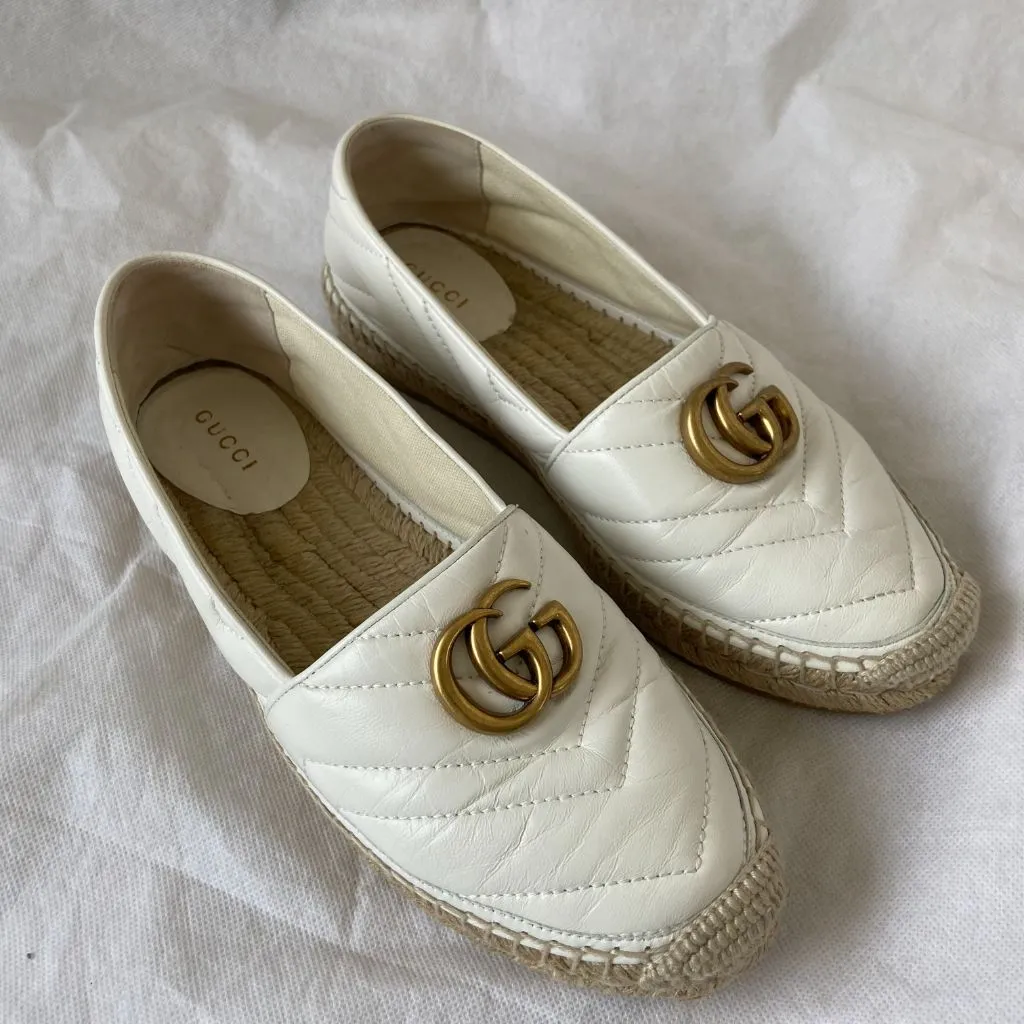 Gucci White Leather GG Marmont Espadrille Flats, 37.5