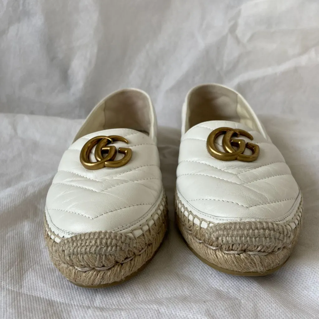 Gucci White Leather GG Marmont Espadrille Flats, 37.5