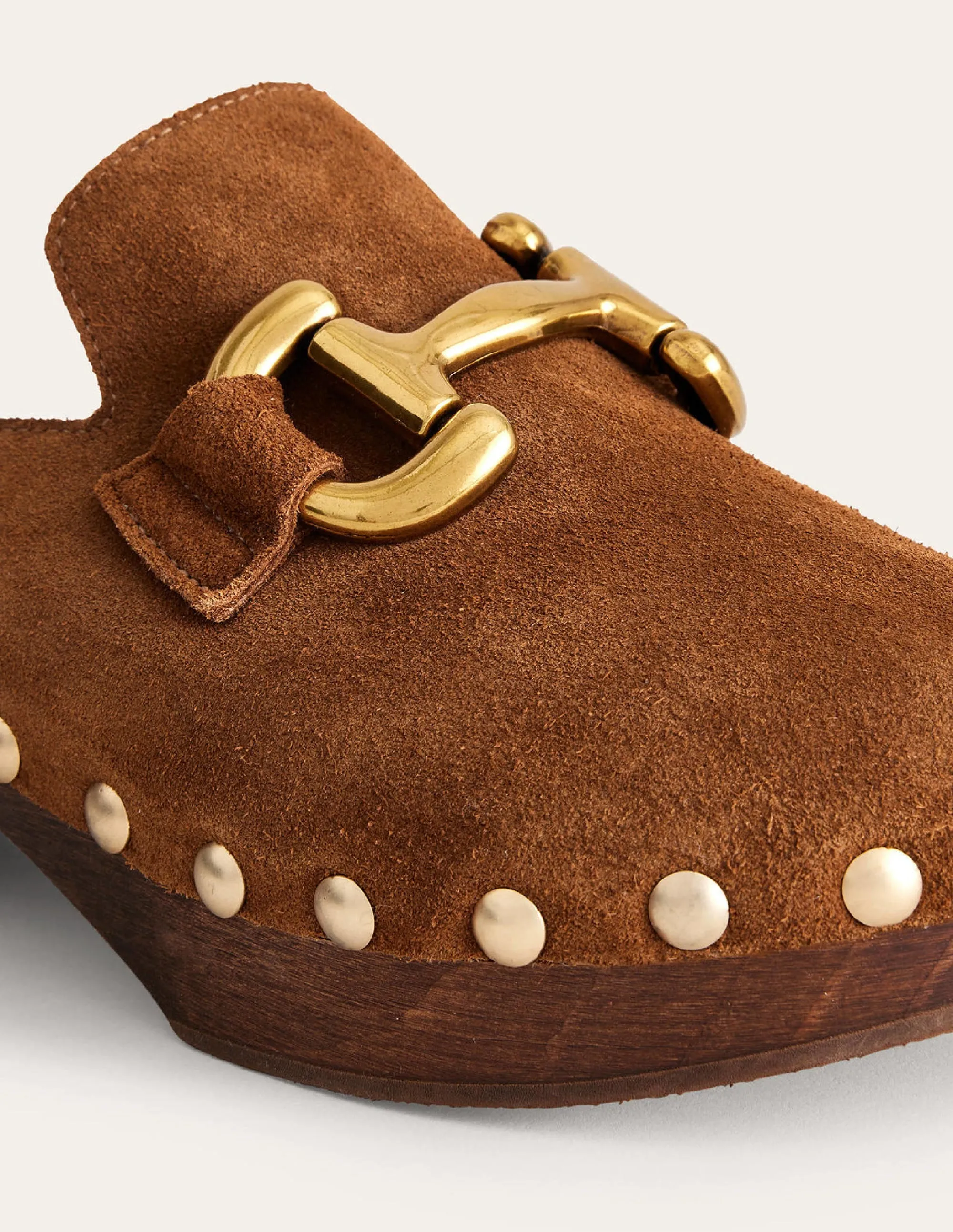 Iris Snaffle Heeled Clogs-Golden Brown Suede