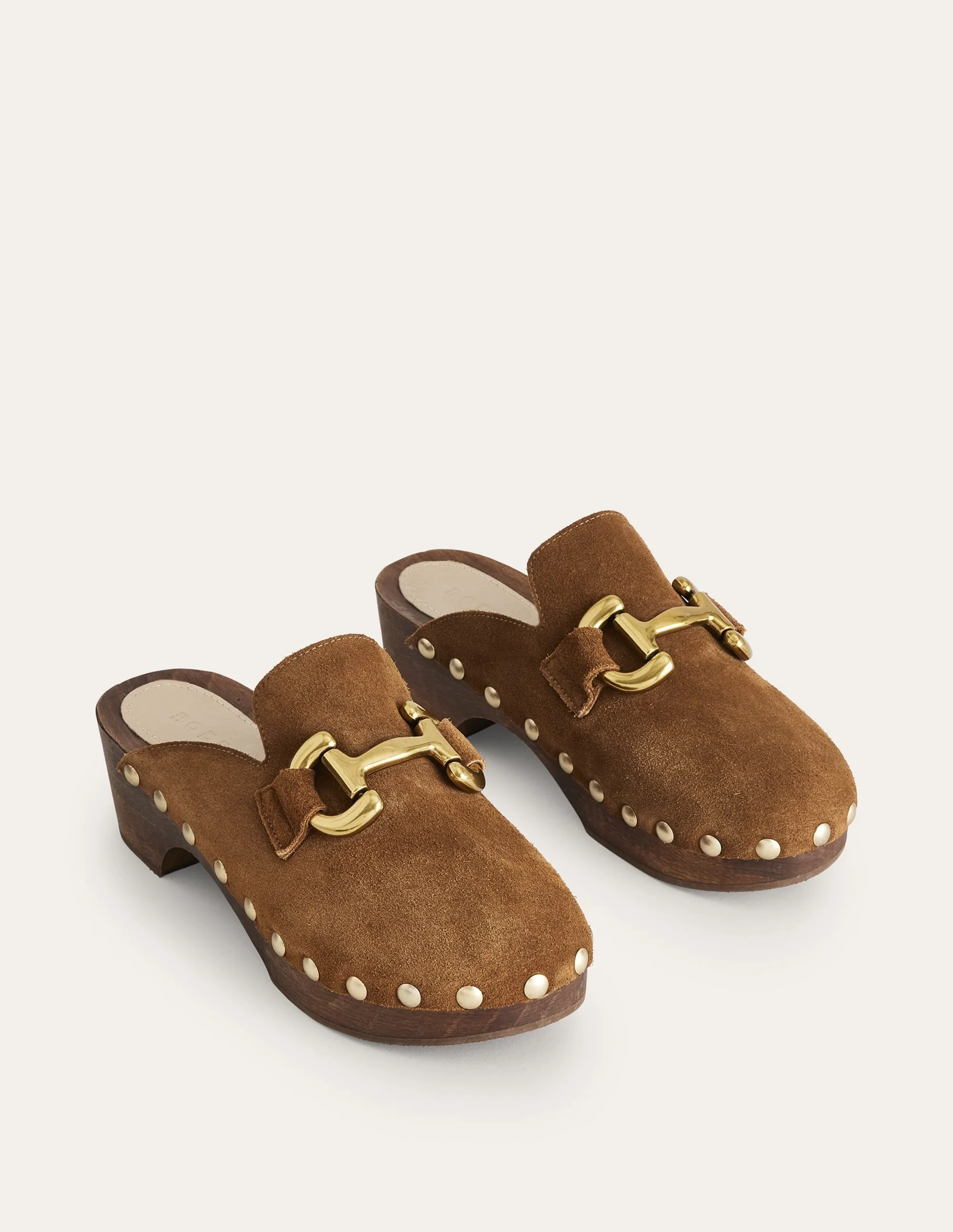 Iris Snaffle Heeled Clogs-Golden Brown Suede