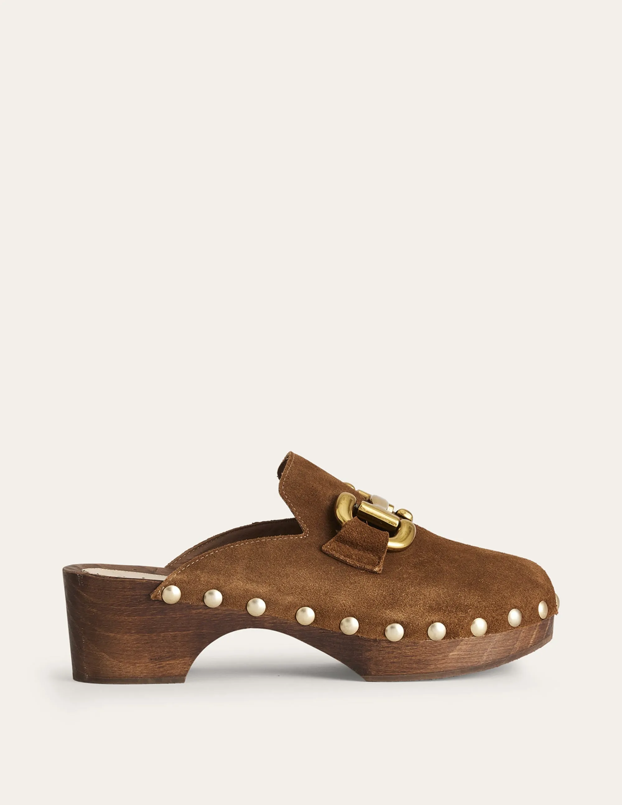 Iris Snaffle Heeled Clogs-Golden Brown Suede