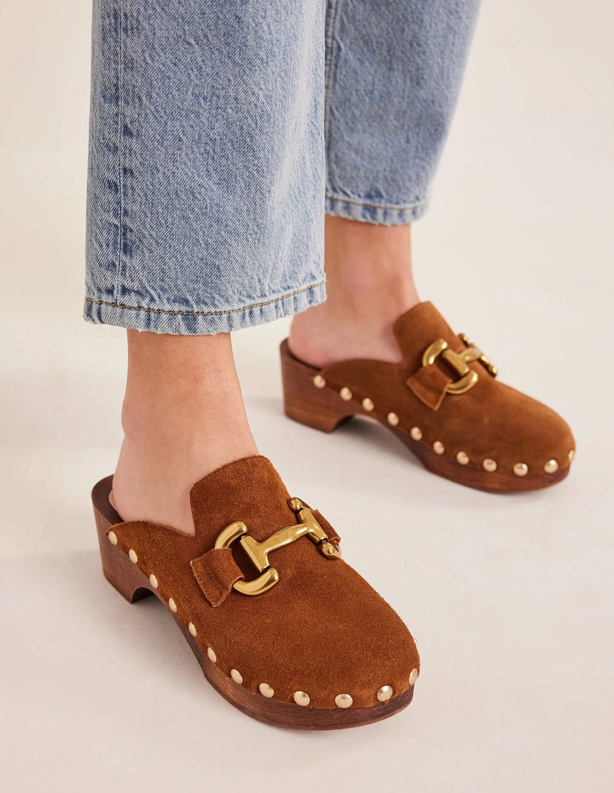 Iris Snaffle Heeled Clogs-Golden Brown Suede