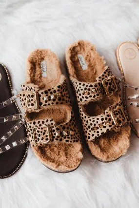 Leopard Double Buckle Furry Slides