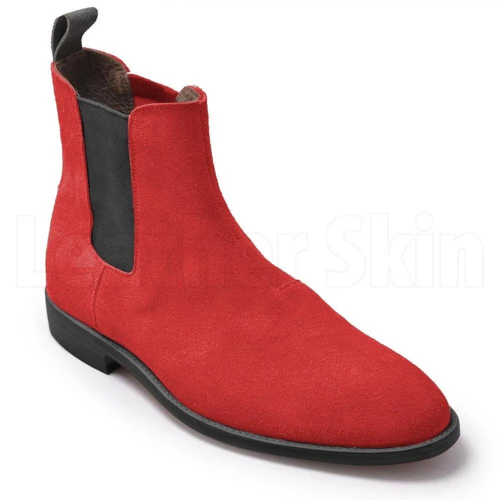 Men Red Chelsea Suede Leather Boots