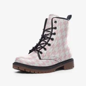 Pale Pink Houndstooth Check Lace Up Boots