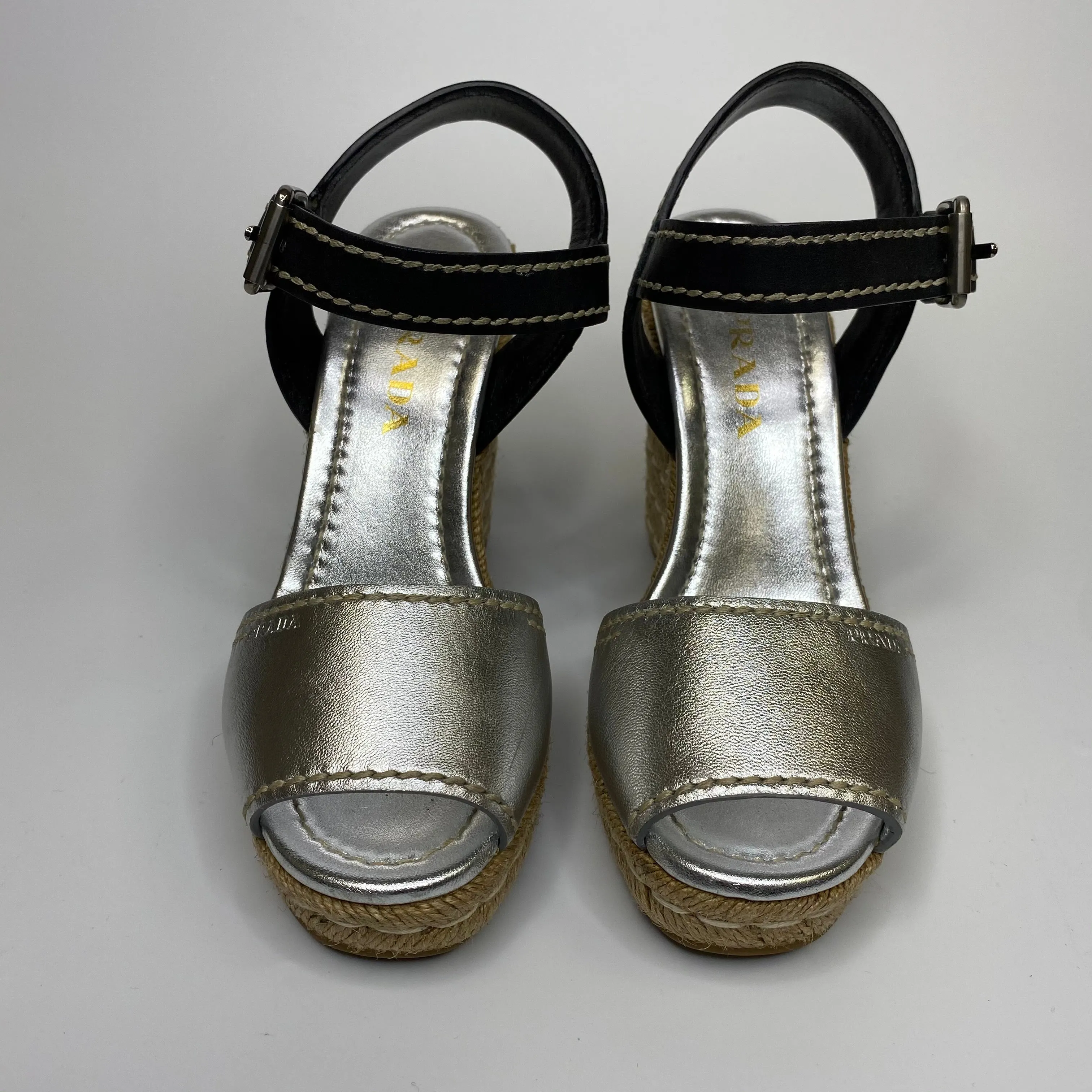 Sale! Prada Silver and Black Espadrille Wedges