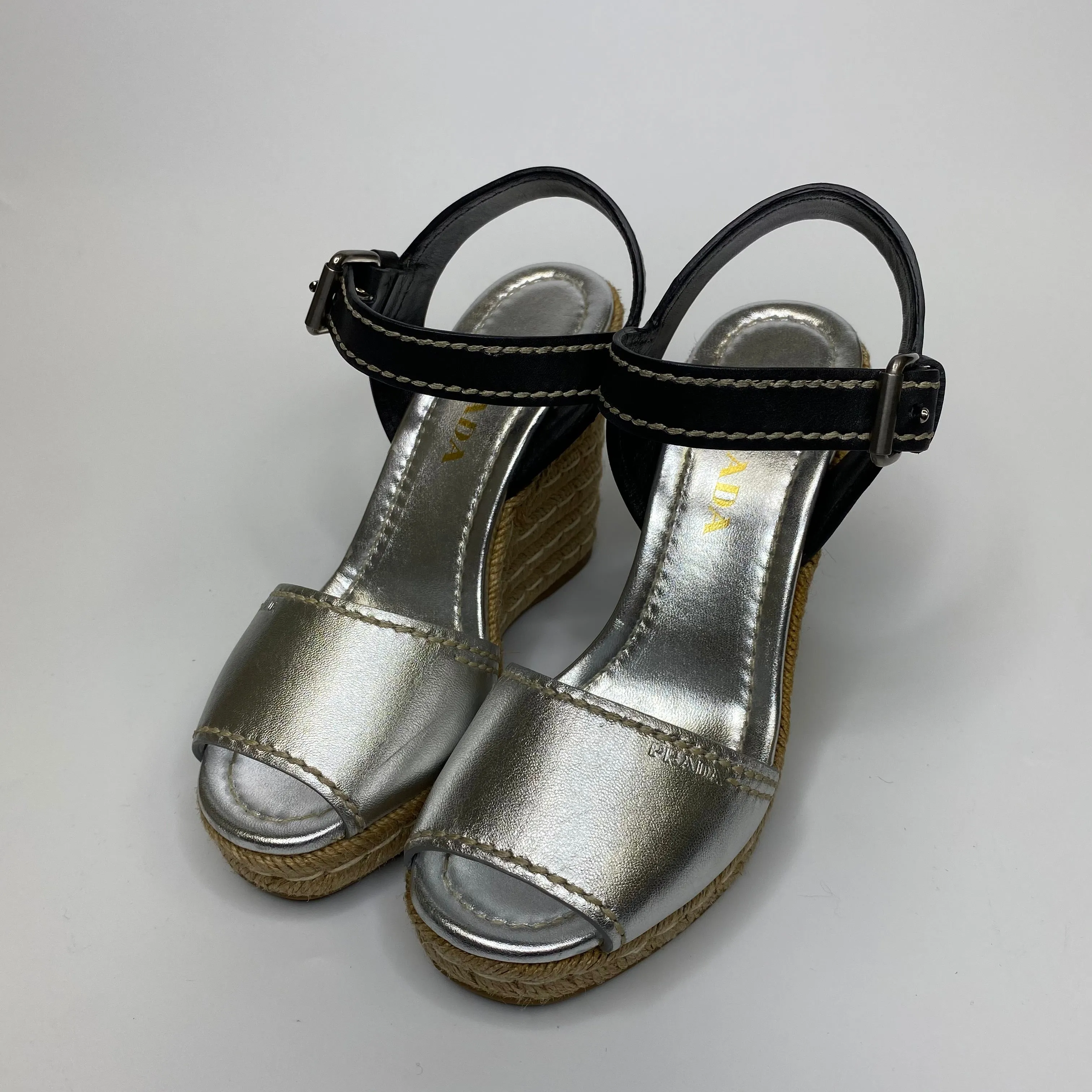 Sale! Prada Silver and Black Espadrille Wedges