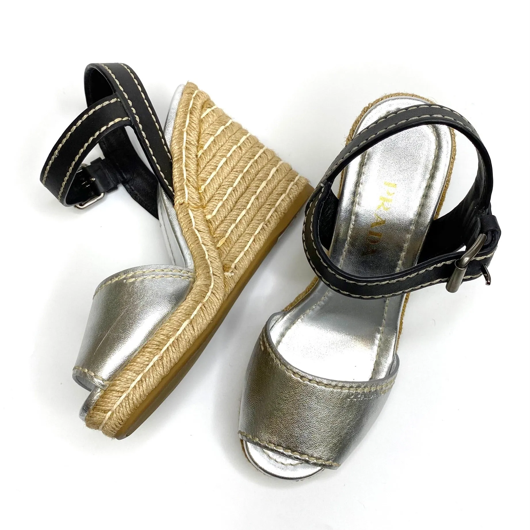 Sale! Prada Silver and Black Espadrille Wedges