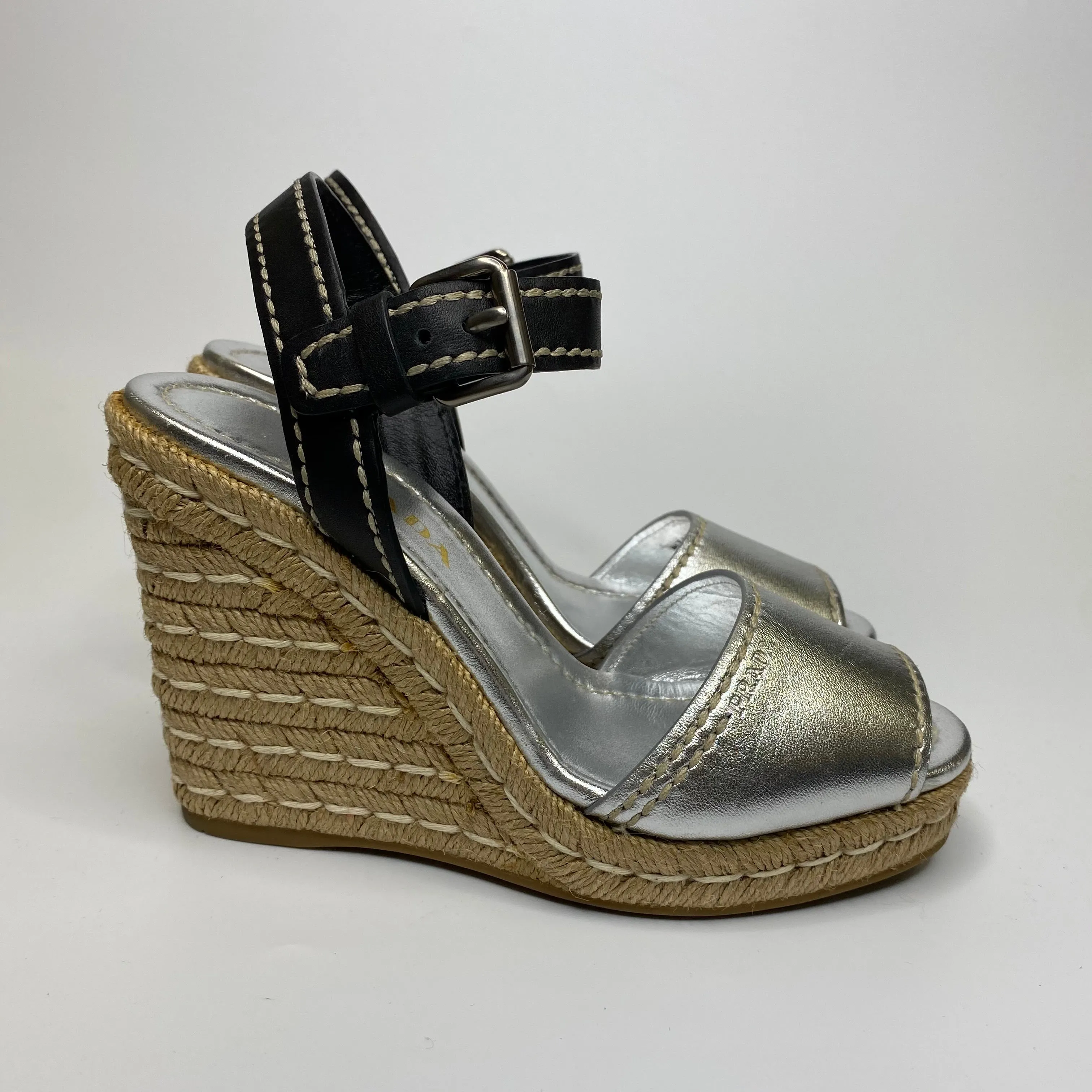 Sale! Prada Silver and Black Espadrille Wedges