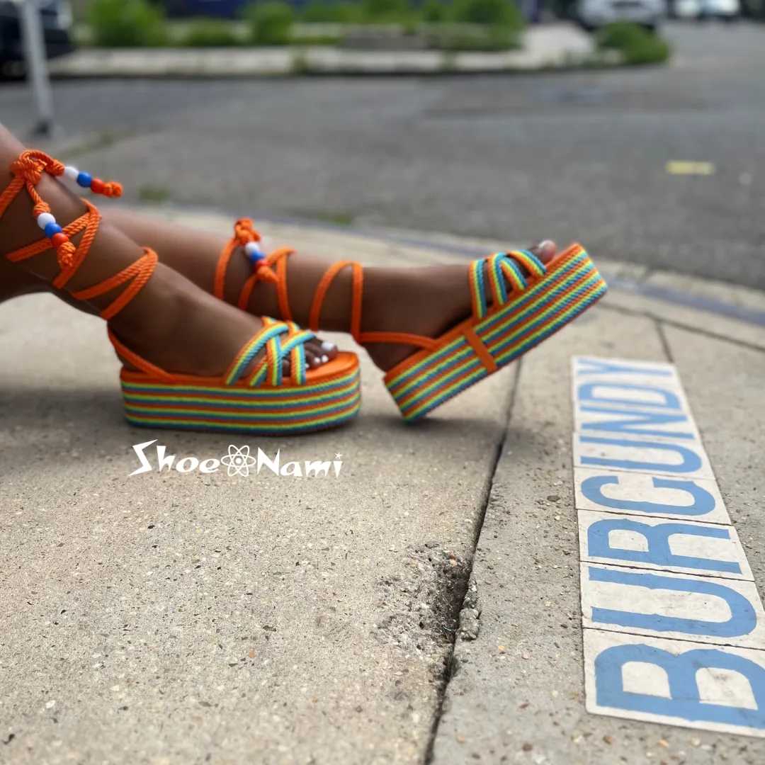 SANDRALYN Orange Multicolor Striped Rope Espadrille Sandals