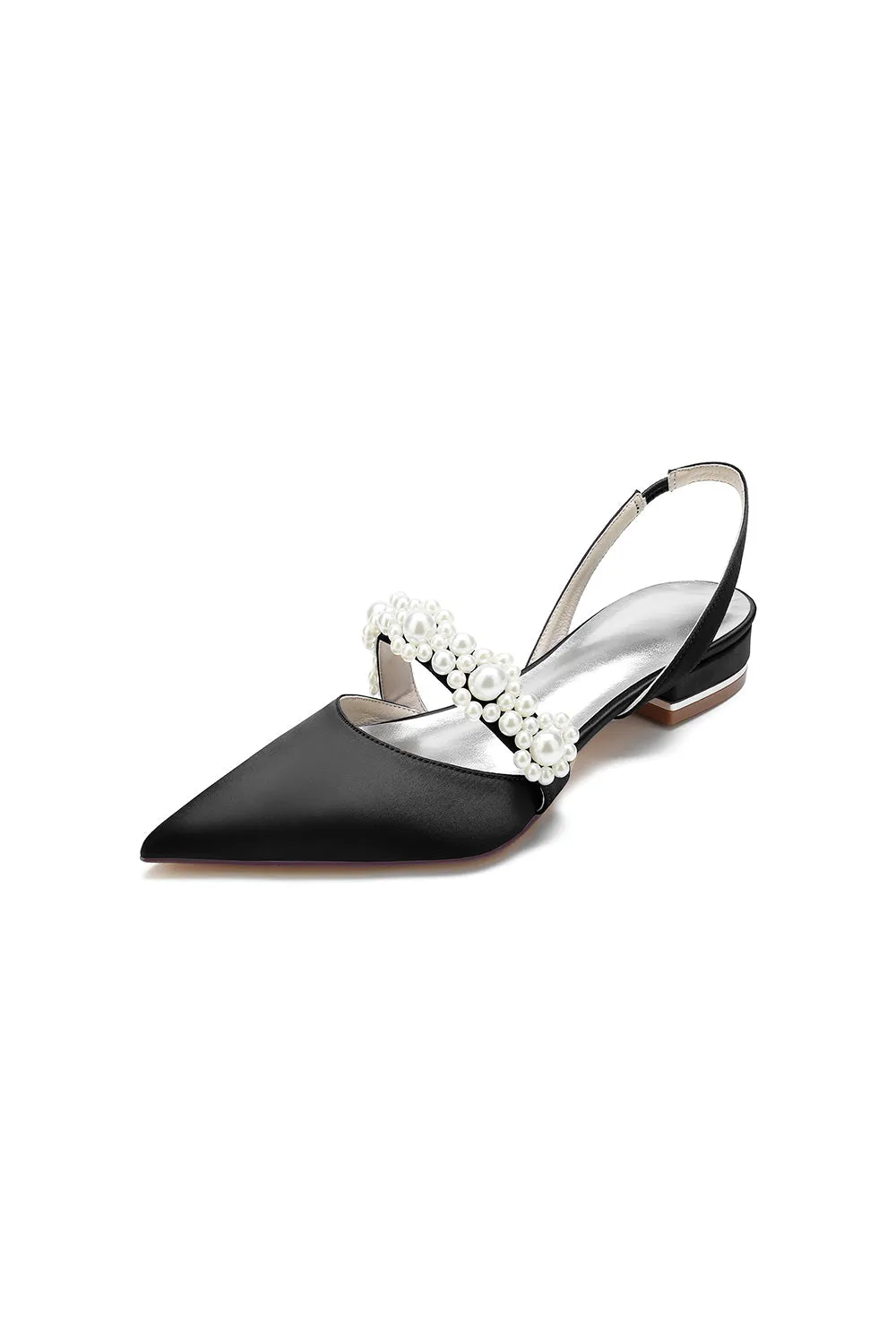 Satin Pointed Toe Pearl Kitten Heels