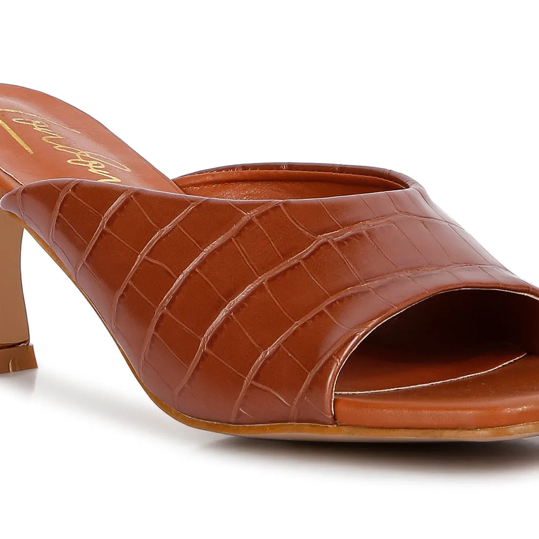 Tan Croc Kitten Heel Slider Sandals