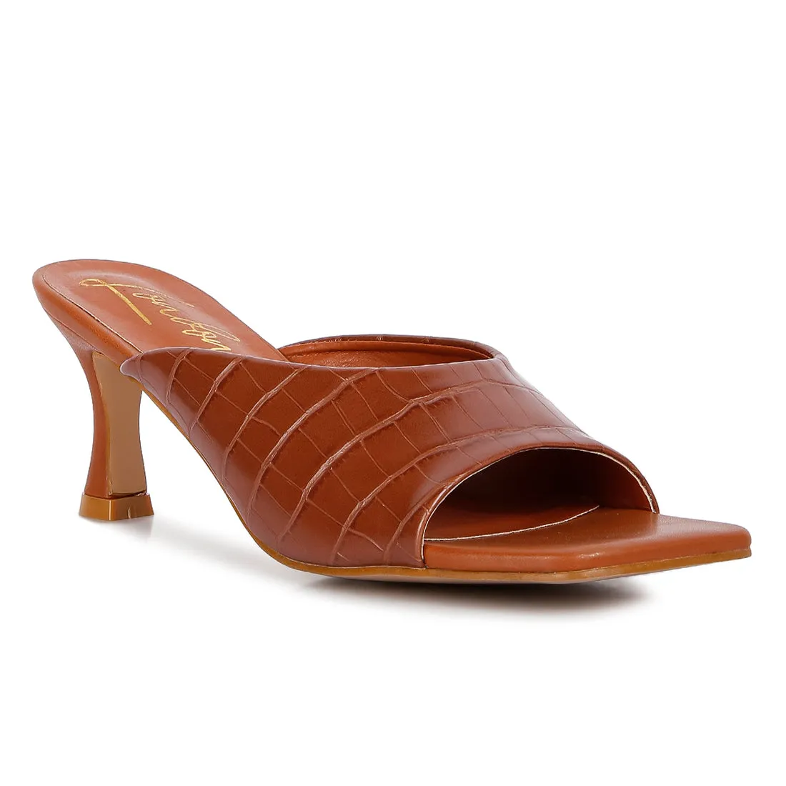 Tan Croc Kitten Heel Slider Sandals