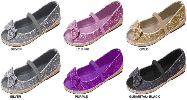 toddler glitter peep toe flats with elastic strap, matching bow & espadrille bottom Case of 36